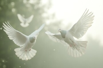 Obraz premium A serene scene of white doves in flight, capturing grace and tranquility in nature.
