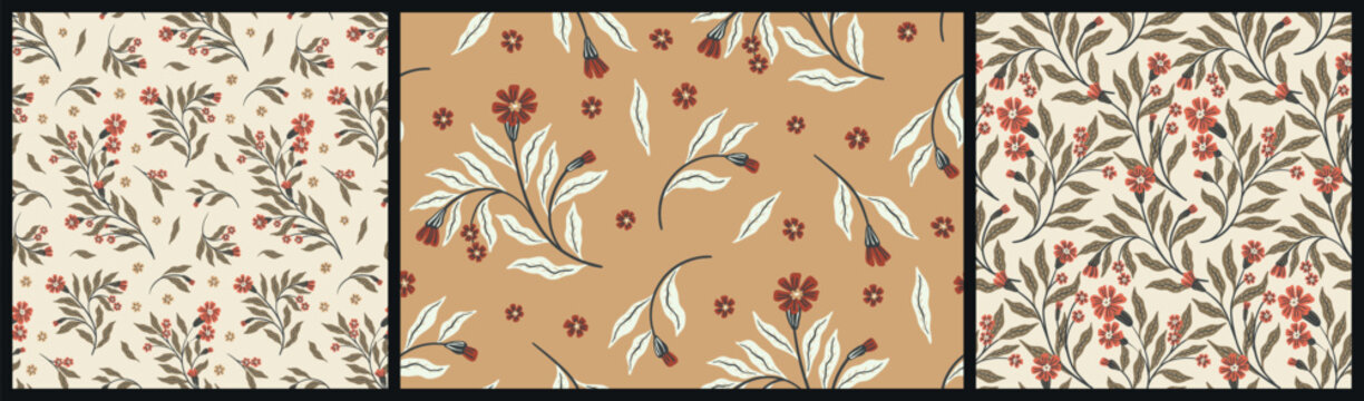 Seamless floral pattern, decorative art ditsy print, abstract vintage style ornament. Botanical design of hand drawn fall plants, small flowers, branches, large leaves in beige. Vector illustration.