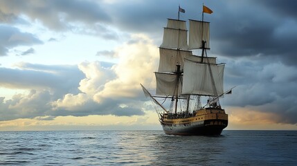 Historical Ship of Columbus Sailing on the Ocean, Set Against a Dramatic Background of Blue Skies and Vibrant Seas, Symbolizing Exploration and Adventure