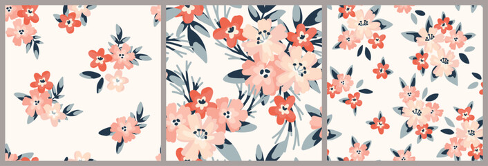 Seamless floral pattern, liberty ditsy print, flower pattern in decorative folk motif. Cute botanical design collection: small hand drawn flowers, tiny leaves, simple bouquets. Vector illustration. © Yulya i Kot