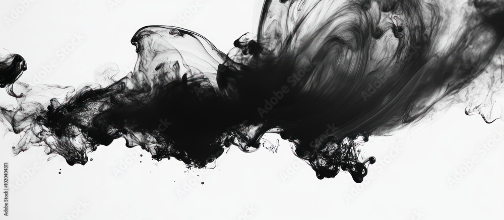 Poster black ink swirling and dissolving in water, creating abstract shapes and patterns against a white ba