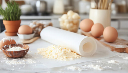 Baking paper resting on flour on a messy kitchen table with eggs and a rolling pin