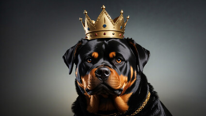Obraz premium A black and tan Rottweiler dog wearing a gold crown.