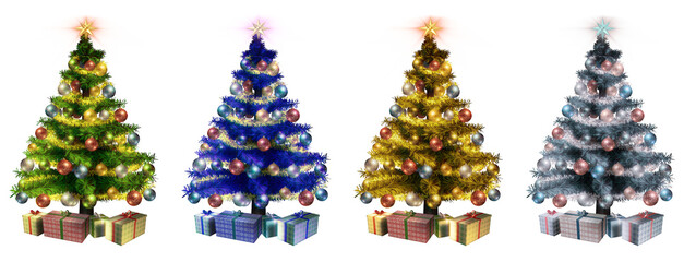 Christmas trees 3D render, set of four. PNG format with transparency.