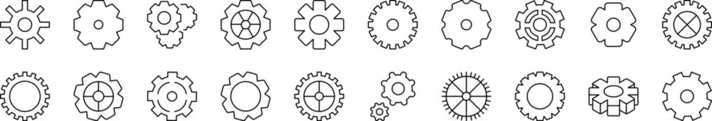 Gear and Cogwheel as Mechanism Line Icon Collection. Editable Stroke. Perfect for Infographics, Articles, Books, Flyers, Banners