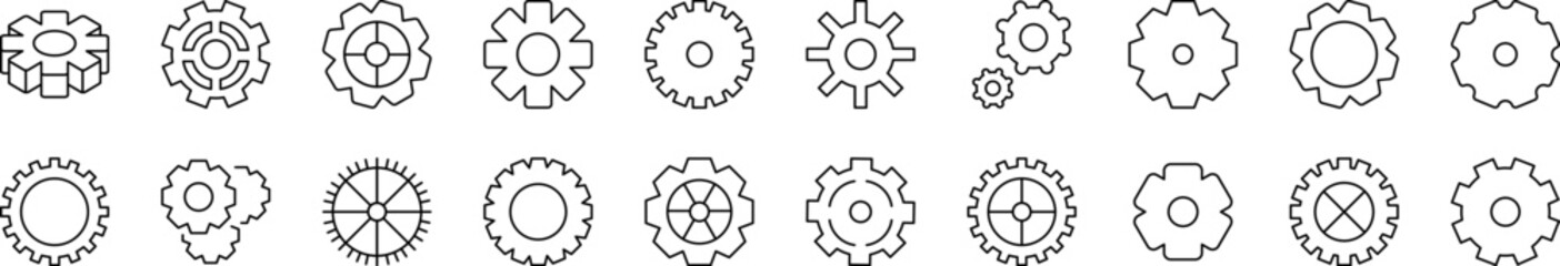 Gear and Cogwheel as Mechanism Outline Sign Collection. Editable Stroke. Perfect for Infographics, Articles, Books, Flyers, Banners