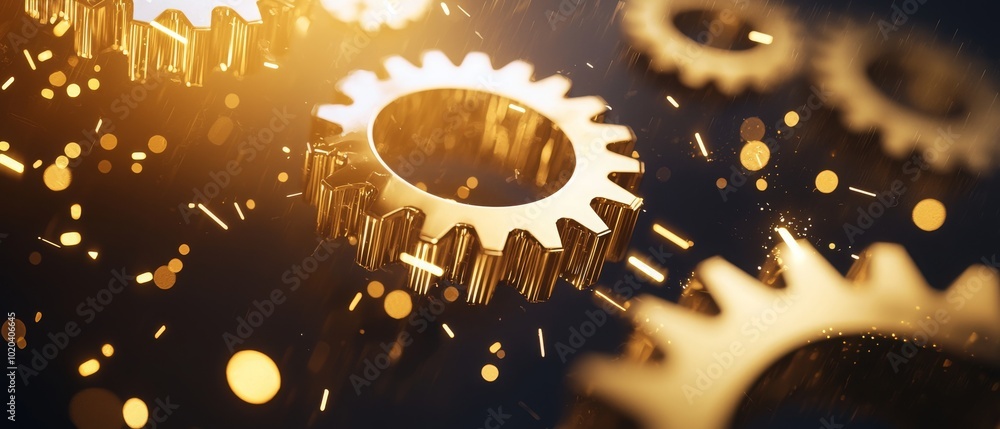 Poster a close-up of metallic gears illuminated by golden light, showcasing intricate details and a dynamic