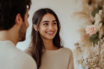 A joyful man proposes to a woman amidst a romantic floral setting