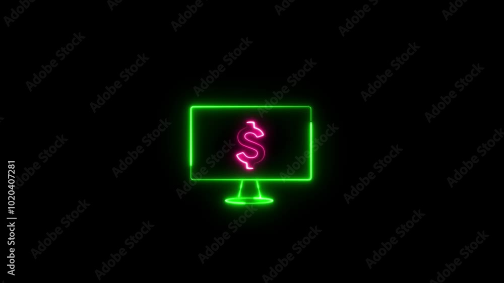 Poster glowing neon line computer monitor with dollar icon animation isolated on black background. internet