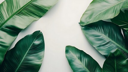 Tropical green banana leaves arranged in a frame shape on a white background.