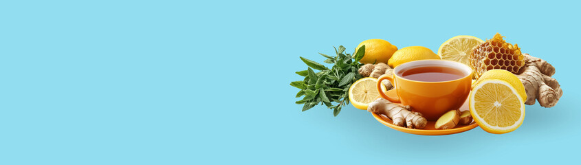 Cup of tea, lemon, mint, honeycomb and ginger on a blue background with space for text, created with Generative AI technology