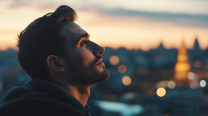 A man gazes upward during twilight in a city, appreciating the beauty of the sunset and distant skyline lights