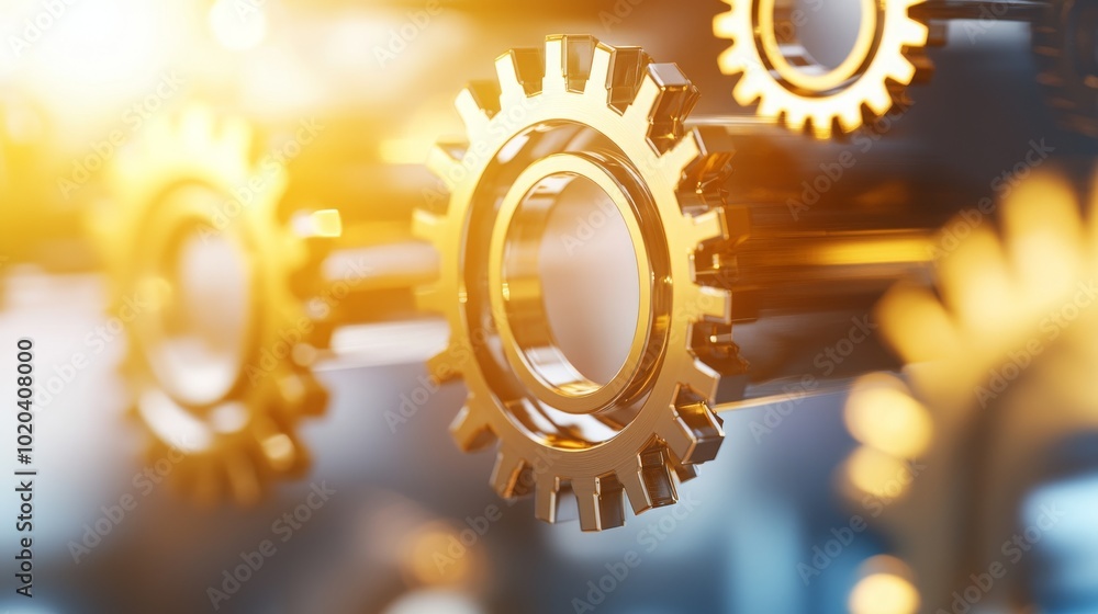 Poster close-up of shining golden gears in a mechanical setup, highlighting industrial precision and engine