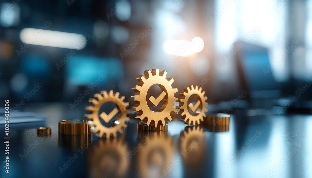 Aufkleber three golden gears with checkmarks symbolize efficiency and progress in a modern workspace, illumina