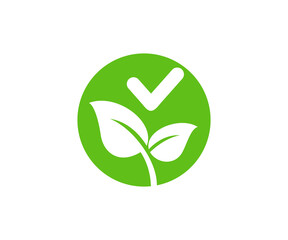 Green leaf leaves and check mark icon symbol. Eco friendly natural organic approval certification tag  illustration on transparent background PNG.

