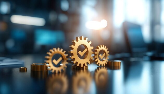Three golden gears with checkmarks symbolize efficiency and progress in a modern workspace, illuminated by soft lighting.