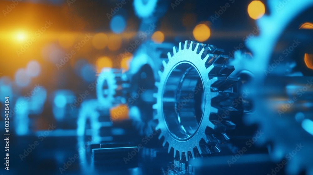 Aufkleber a close-up view of metallic gears illuminated in blue, creating a futuristic and mechanized atmosphe