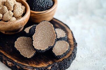 Fresh black truffles sliced on a wooden board with bowls of truffle salt, gourmet food concept, fine dining.