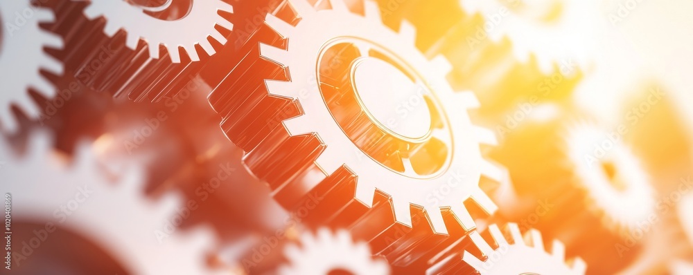 Poster a close-up image of interconnected gears, showcasing intricate details and a warm light that emphasi