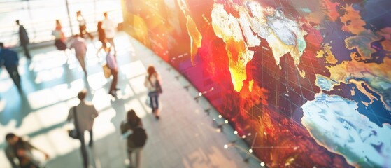 People move through a vibrant hall dominated by a glowing world map, reflecting global connectivity and modernity in a dynamic, colorful setting.