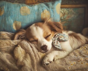 Adorable puppy with a polka dot coquette bow collar, wagging tail, cozy interior