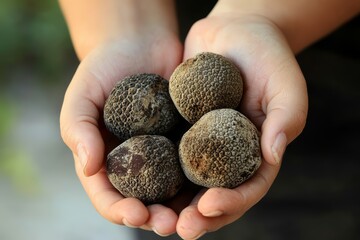 Hands holding four unique, textured seeds against a natural background.