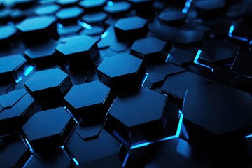 Fototapeta premium Abstract close-up of blue hexagonal shapes with metallic texture, creating a futuristic and high-tech pattern in dim lighting