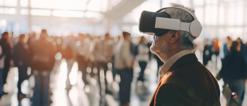 Person immersed in a virtual world with VR goggles, surrounded by bustling crowds in a bright convention center.