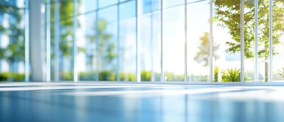 A bright, spacious interior with large glass windows, showcasing a serene outdoor view of trees and sunlight.