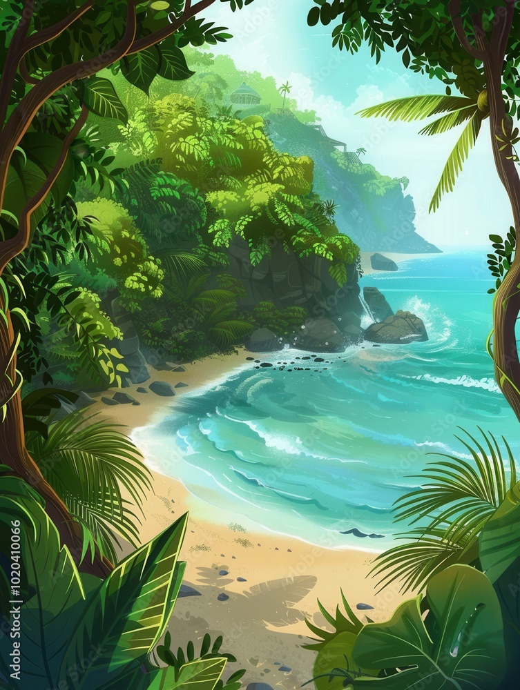 Poster a vibrant tropical forest transitions smoothly into a secluded beach, with soft sand and peaceful oc
