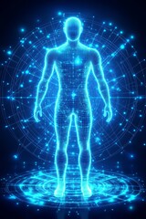 Glowing 3D Human Body With Digital Network Connections On Futuristic Blue Background