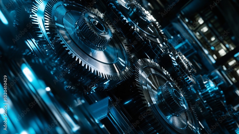 Poster close-up view of intricate metallic gears, showcasing their smooth, reflective surfaces and detailed