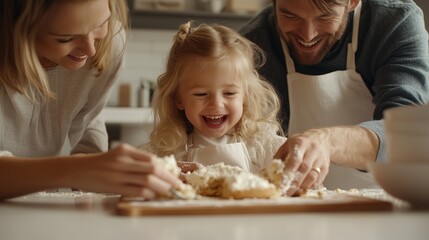 Fototapeta premium Family baking together in a cozy kitchen as a young girl smiles joyfully while making cookies during a sunny afternoon