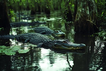 A serene swamp scene featuring several alligators swimming among lush vegetation.