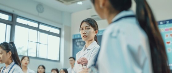 A teacher demonstrates with a brain model in a classroom, surrounded by curious students, symbolizing neuroscience exploration.