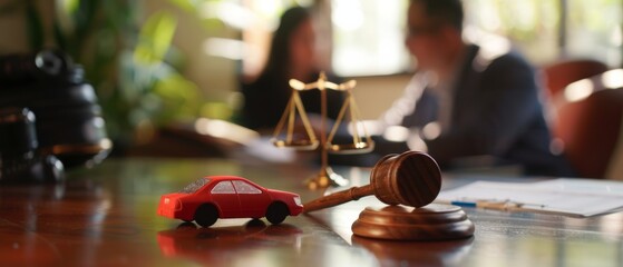 A red toy car, a gavel, and justice scales adorn a wooden desk, evoking legal discussions tied to vehicular matters.
