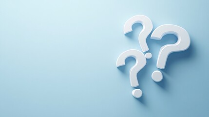 Three white question marks on a light blue background, symbolizing inquiry, curiosity, and uncertainty in a modern design.