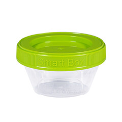 Plastic container for drink food and foodstuffs with plastic cover. Colorful covers on long plastic container cup. Isolated on white background.