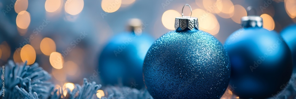 Poster close-up of blue christmas ornament with a sparkling texture on a blurred festive background. elegan