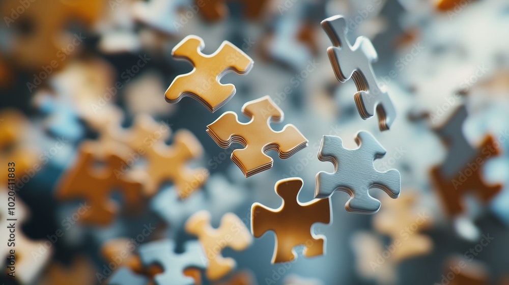 Poster floating puzzle pieces in an abstract background reveal the complexity of problem-solving and creati