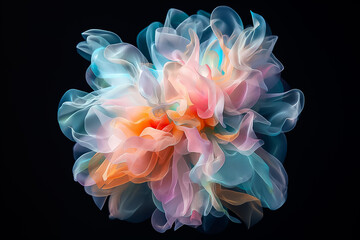 Obraz premium Soft, flowing layers of pastel hues merge and swirl together, forming a delicate, dreamlike flower that seems to float effortlessly in the dark, evoking a sense of tranquility and wonder