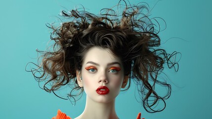 Fototapeta premium A striking beauty portrait featuring a model with voluminous, wild hair and bold makeup against a bright blue background.