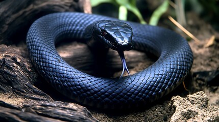Obraz premium A close-up of a black snake with a flicking tongue, resting on a natural substrate.