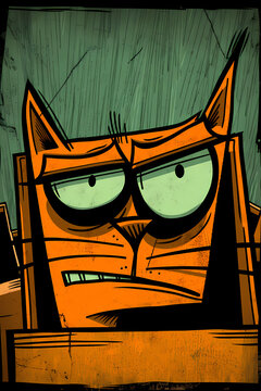An abstract cartoonish portrait of an orange cat with exaggerated expressions and elements, depicting humor and whimsy in a modern illustrative style.