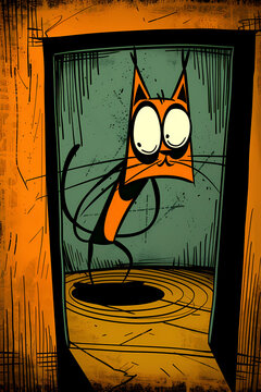 A tall and thin cartoon orange cat with quirky expressions sneaks through a door frame, reflecting humor and curiosity in a unique artistic concept style.