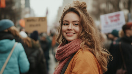A photo of an attractive woman in the front rows of the Women's Day march with a poster that reads