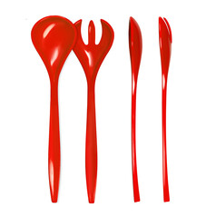 Red fork and spoon isolated on white background. Red colour objects. Eating. Salad set fork and spoon. Kitchenwear. Tablewear. Simplicity. Product design. Comfort. Kitchen utensil