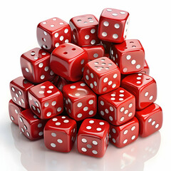 A pyramid of red dice stands tall against a white background.