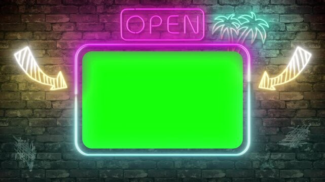 4K Screen with chroma key on a brick wall. Brick wall with neon signs and green screen. Retro neon signage on brick. Neon LED sign. Looping animation.