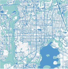 Map of Kissimmee in Florida in a professional blue style. Contains layered vector with roads water, parks, etc.